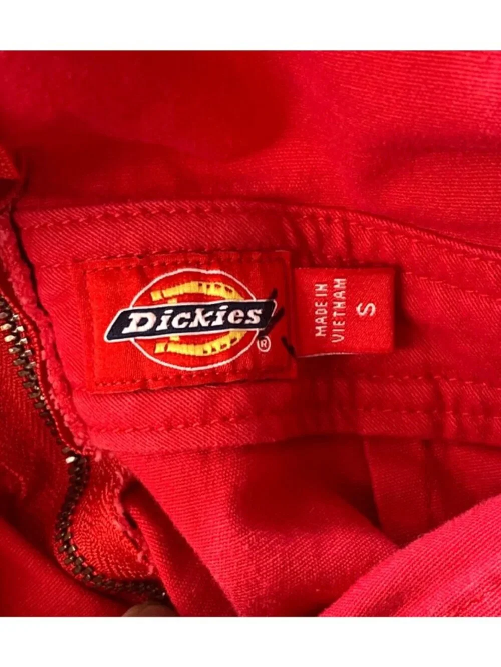 Dickies Red Denim Overall Dress With Raw Hemline Straps & Pockets - Womens Small - Picture 4 of 5